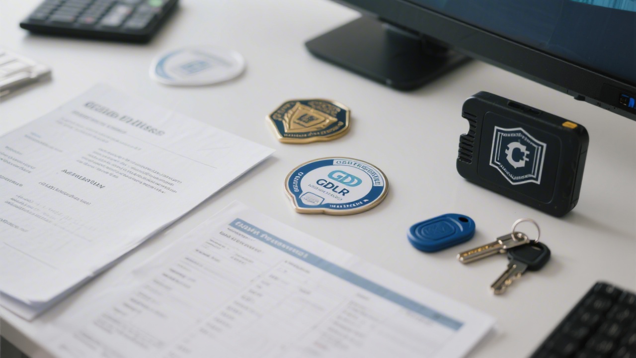 Close-up of certification badges, GDPR documentation, and audit trail reports arranged on a desk next to encrypted storage tokens and security keys.
