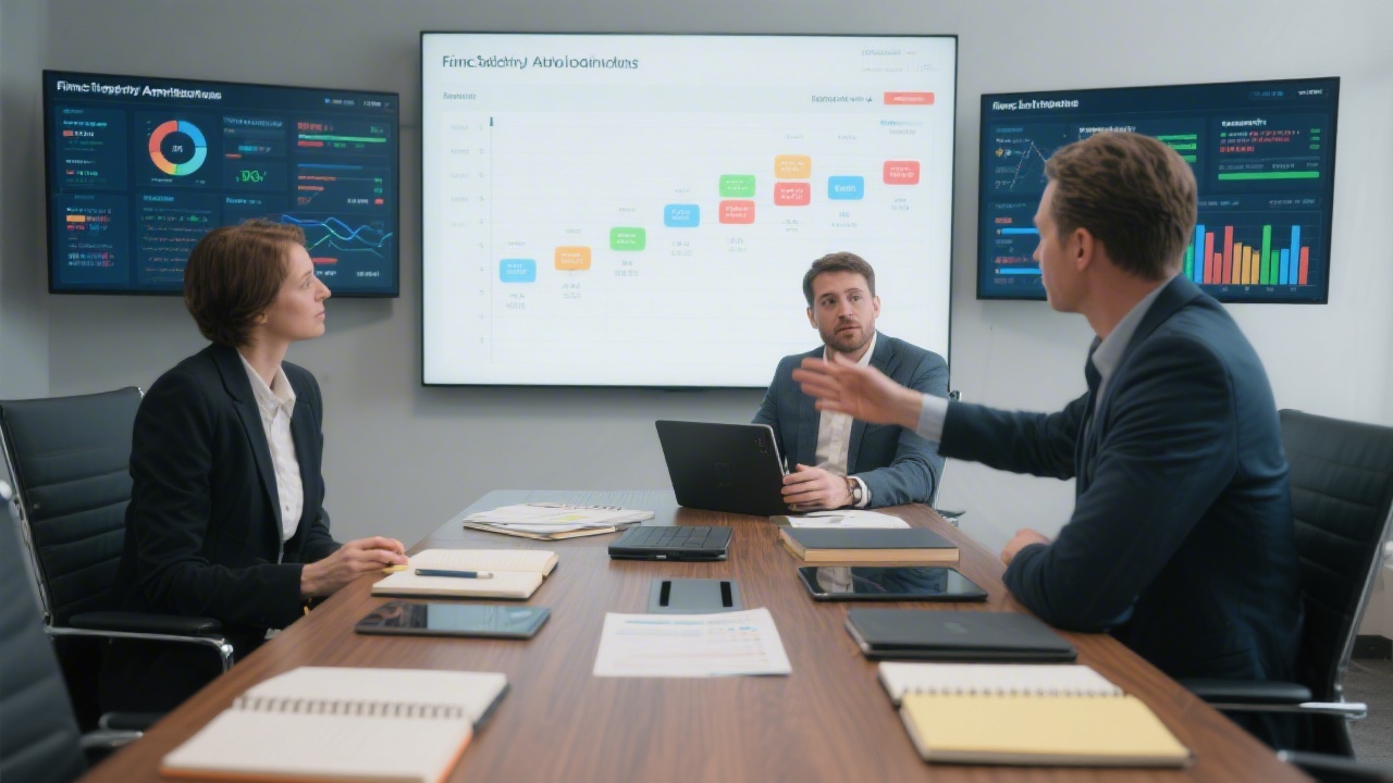 Financial technology advisor discussing implementation milestones with a client over a conference table filled with notebooks, tablets, and integration status dashboards.