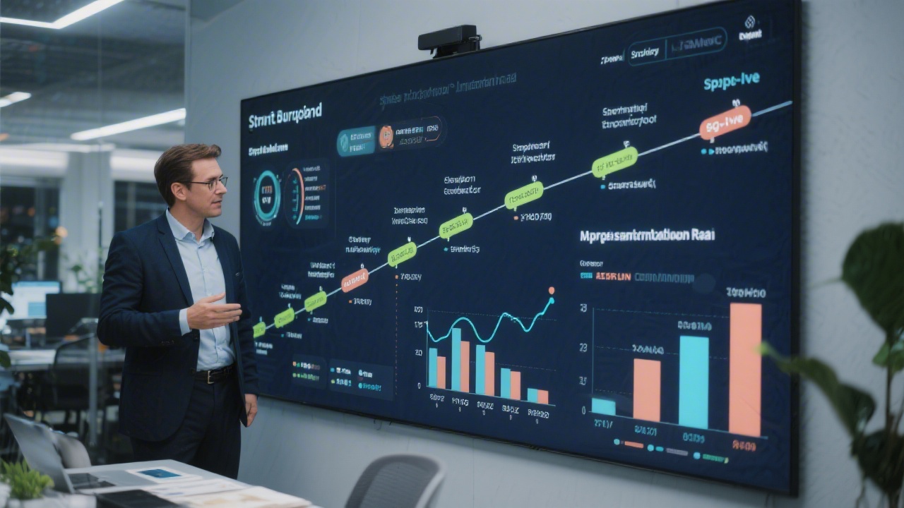 Project manager presenting phased implementation roadmap with milestones, sprint burndown charts, and go-live criteria on a large interactive wall display.