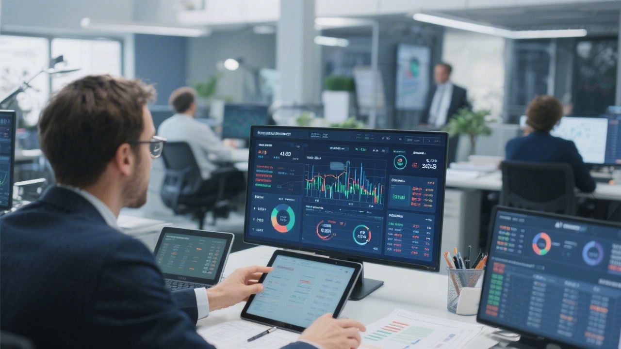 Wide view of accountants analyzing integrated finance dashboards with real-time transaction streams across multiple devices in a modern office, highlighting secure connectivity and synchronized ledgers.