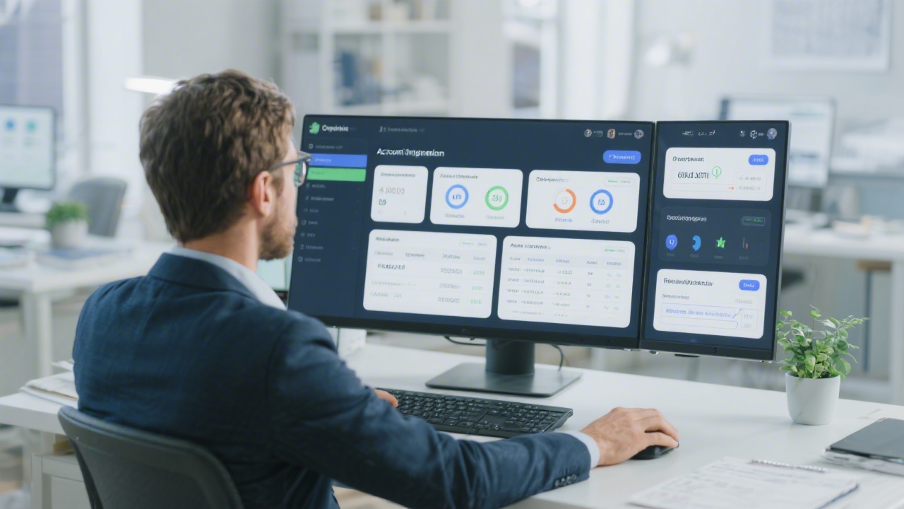 Finance professional configuring accounting integrations through modular interface widgets showing connector statuses, validation logs, and reconciliation tasks on a bright workspace desk.