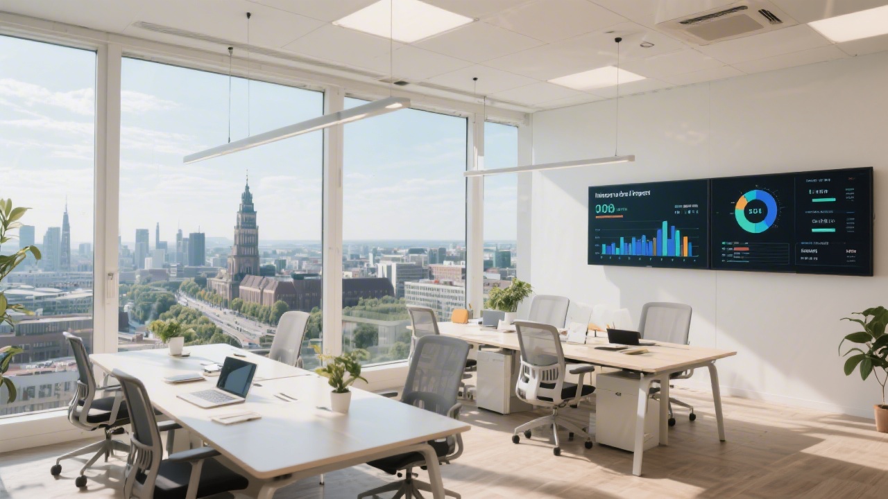 Bright workspace inside a Berlin office with panoramic city view, collaborative desks, and digital whiteboards displaying integration performance metrics.