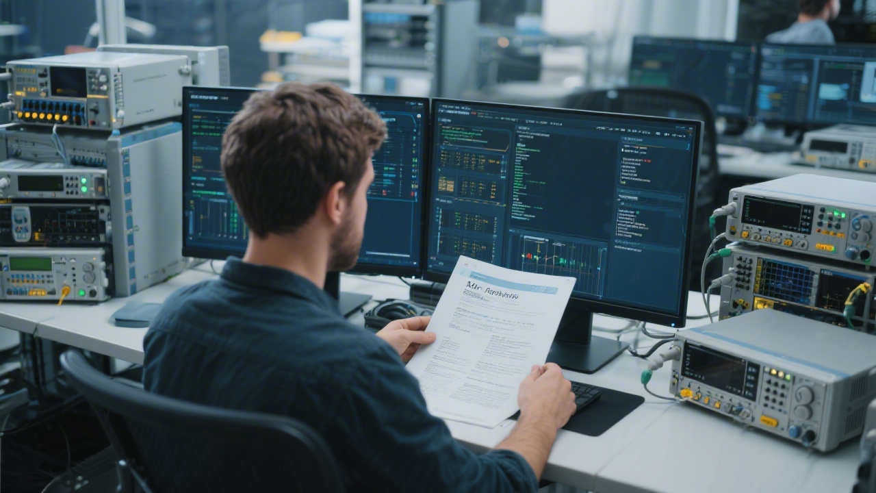 Developer examining partner API documentation while testing secure endpoints on dual monitors, surrounded by integration testing hardware and network analyzers.