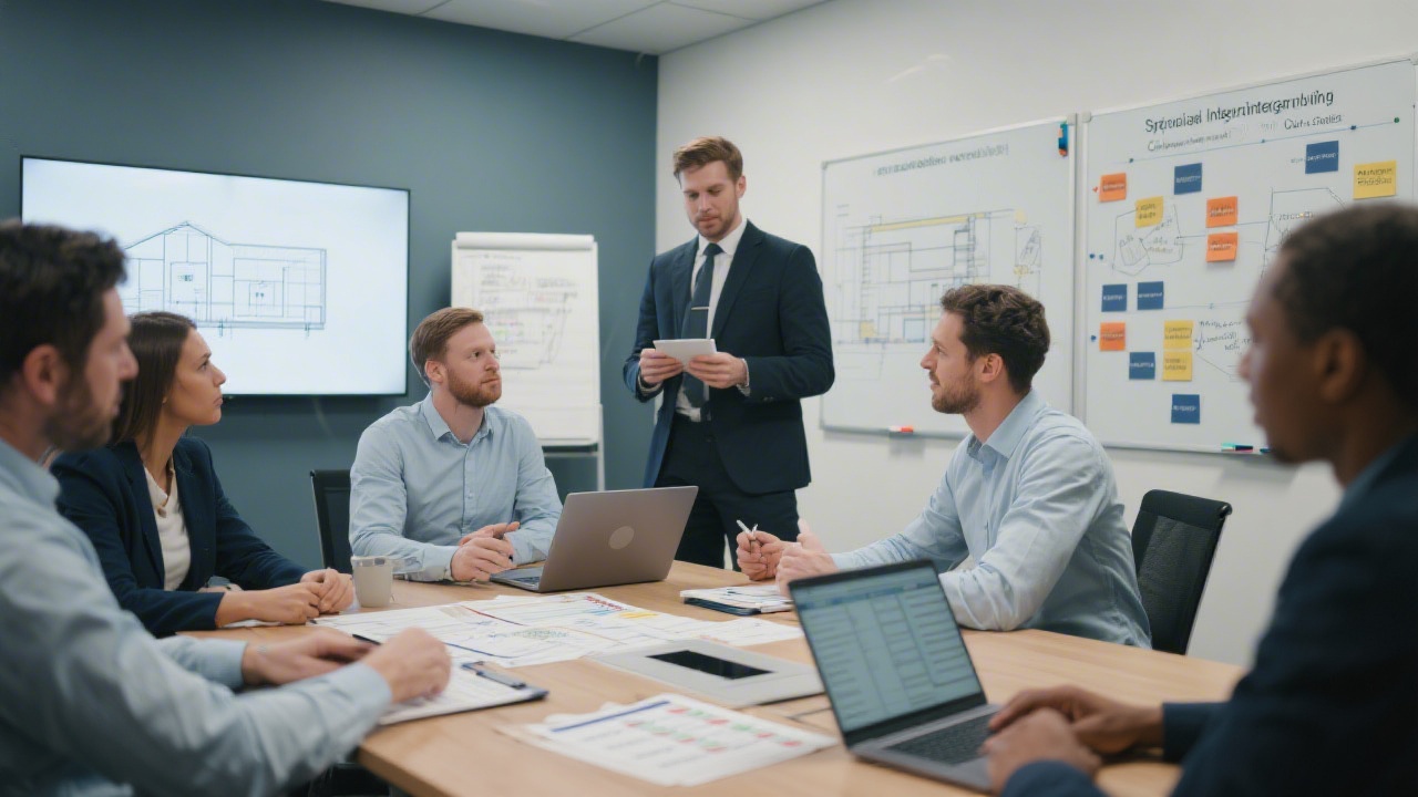 Specialized integration consultants collaborating over architectural diagrams, laptops, and compliance checklists inside a conference room with agile planning boards.