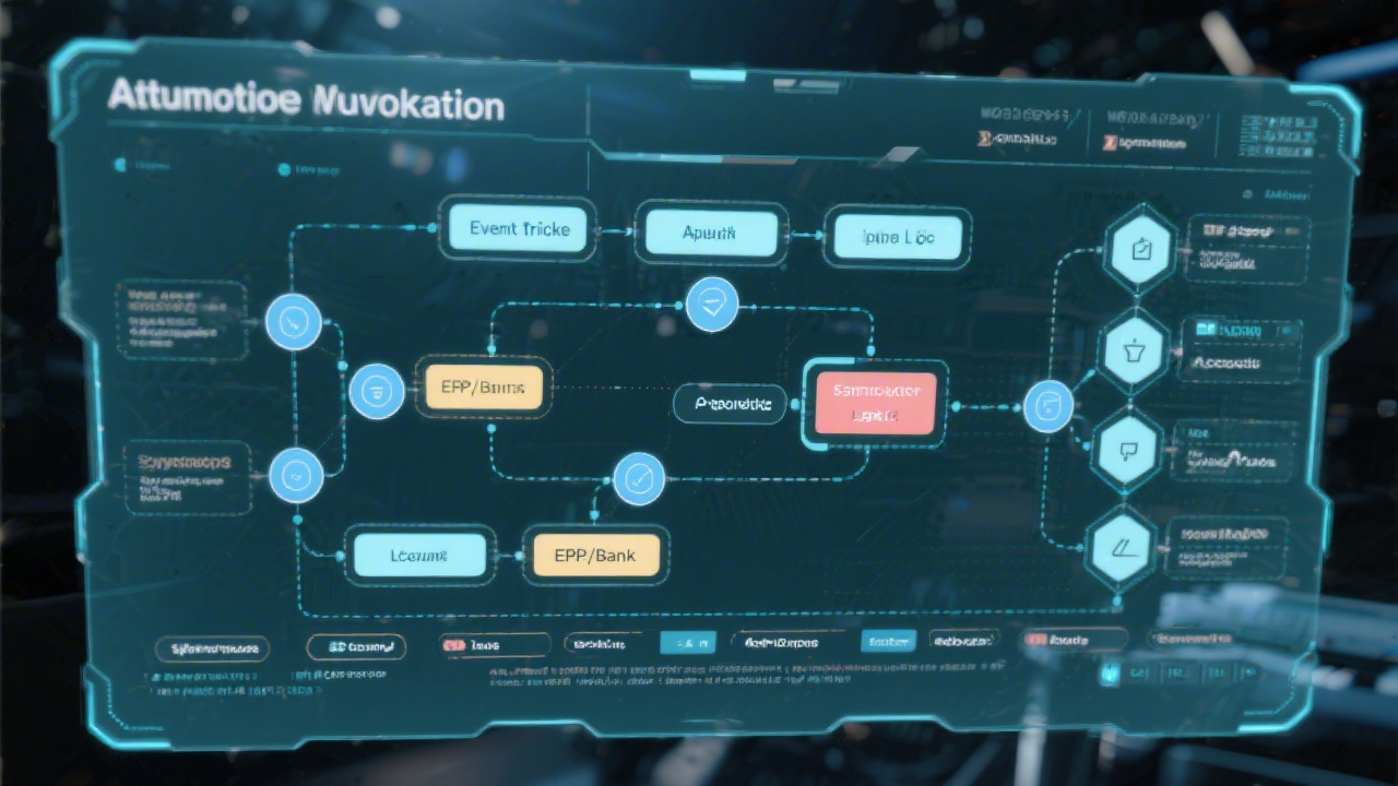 Automated workflow diagram on a transparent screen showing event triggers, approval logic, and synchronized ledgers linking ERP, banking, and accounting nodes.